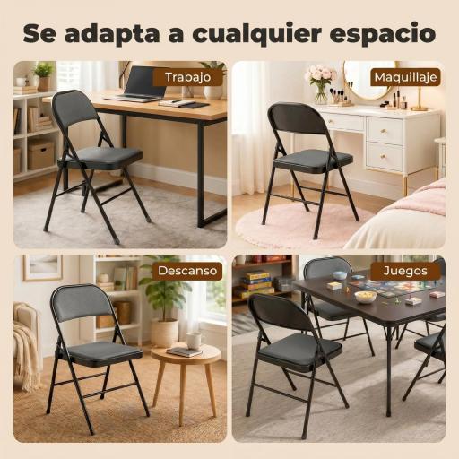 Juego de 4 Sillas Plegables Acolchadas con Respaldo y Estructura de Acero para Salón Comedor Cocina 45x46x78 cm Negro [3]