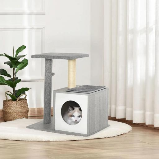 Árbol para Gatos 59x39x62 cm Rascador para Gatos de 3 Niveles con Plataformas Postes de Rascado Cueva de Madera Espaciosa Cojines Extraíbles Suaves Bola de Juguete Gris