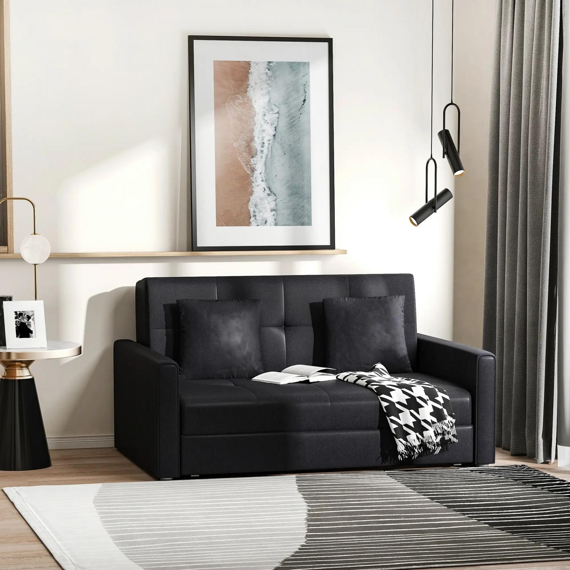 Sofá Cama de 2 Plazas Sofá Cama Tapizado en Poli Algodón con 2 Cojines Desmontables y Espacio de Almacenamiento Sofá Doble para Salón Oficina 152x101x81 cm Gris Carbón