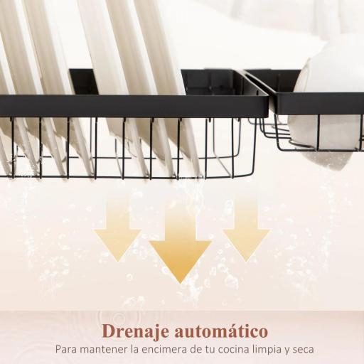 Escurreplatos de Acero de 2 Niveles para Fregadero con Diferentes Soportes y 5 Ganchos 65x31,5x52,5cm Negro [4]