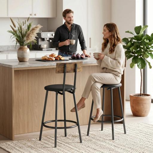 Set de 2 Taburetes de Bar con Respaldo y Reposapiés Tapizados en PU 41x47x92 cm Negro [0]