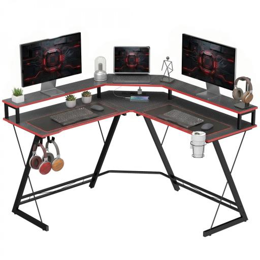 Escritorio Esquinero con Enchufes en Forma de L 128x128 cm con Soporte para Monitor Gancho y Portavasos Negro [9]