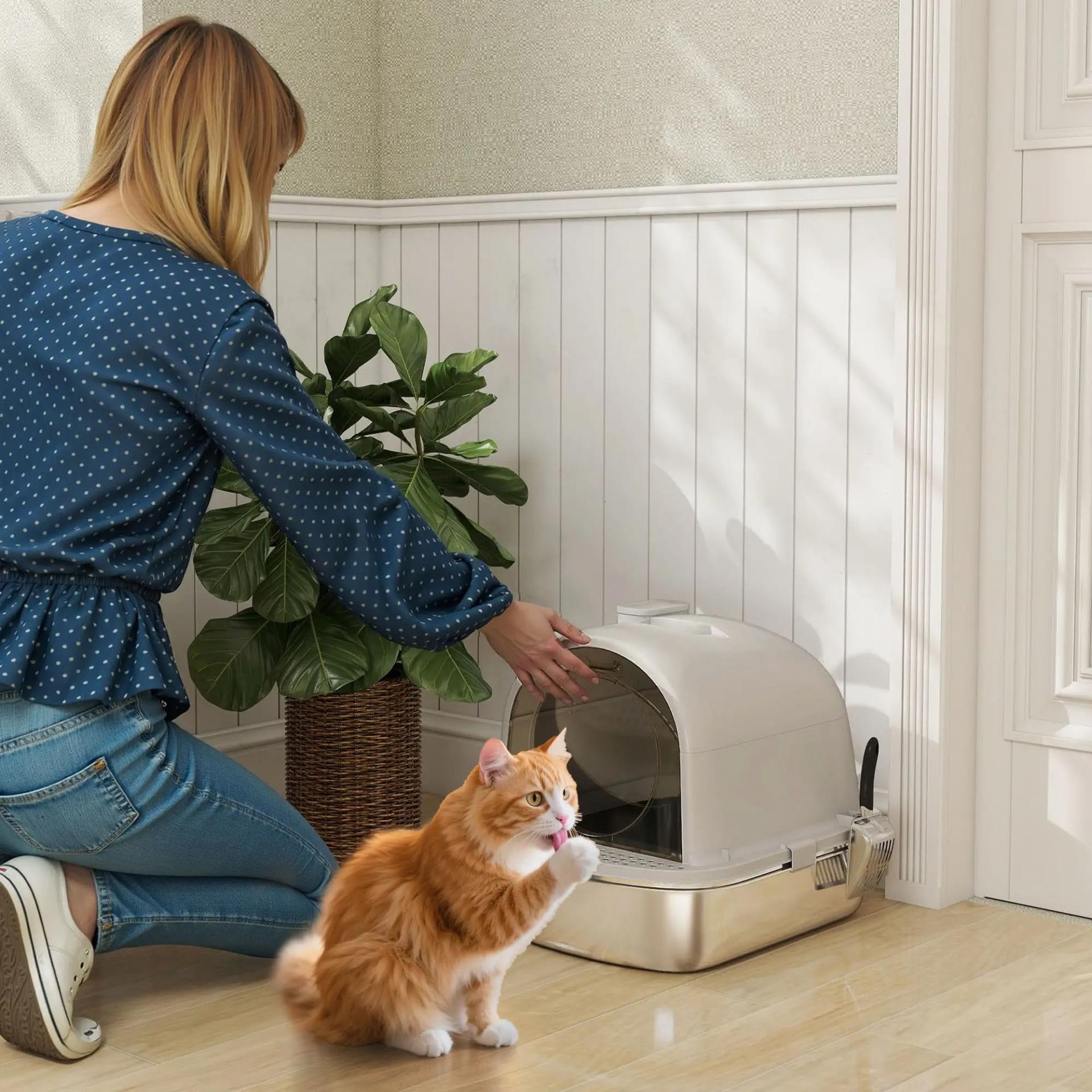 Arenero para Gatos de Acero Inoxidable con Cubierto Bolsa Desodorizante Pala Fácil de Limpiar 52,4x41,3x39,9 cm Gris
