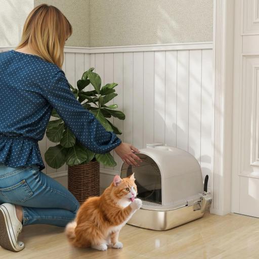 Arenero para Gatos de Acero Inoxidable con Cubierto Bolsa Desodorizante Pala Fácil de Limpiar 52,4x41,3x39,9 cm Gris