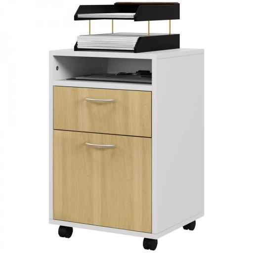 Cajonera de Oficina Móvil con Cajón y Armario con Ruedas Soporte de Impresora para Estudio 40x35x60 cm Blanco y Natural [9]