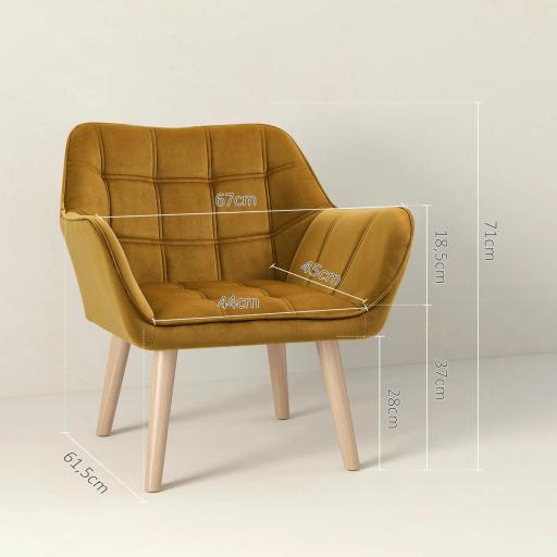 Butaca de Salón Moderna Tapizado en Terciopelo con Asiento Ancho Patas de Madera para Sala de Estar Amarillo [1]