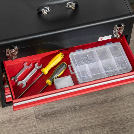 Caja de Herramientas de Acero con 4 Cajones Bandeja Tapa Abatible y Cierres Metálicos 51x22x39,5 cm Negro y Rojo [5]