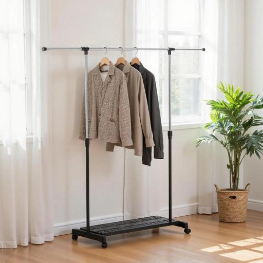 Tendedero Extensible con Ruedas con Barra de Acero Inoxidable y Estante para Zapatos 159x42x168 cm Negro y Plata [9]