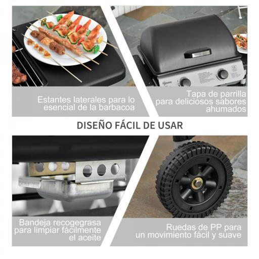 Barbacoa de Gas con 2 Quemadores 5,6 KW 2 Ruedas 2 Mesas Laterales y Parrillas de Acero 104x49x99 cm Negro [8]