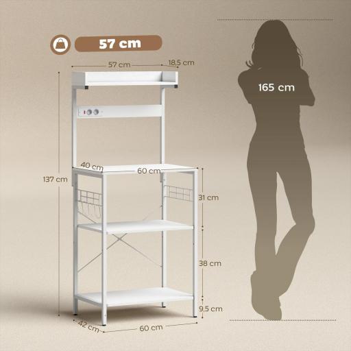 Estantería de Cocina con 2 Tomacorrientes Estante para Microondas Estante Ajustable Ganchos 60x42x137 cm Blanco [1]