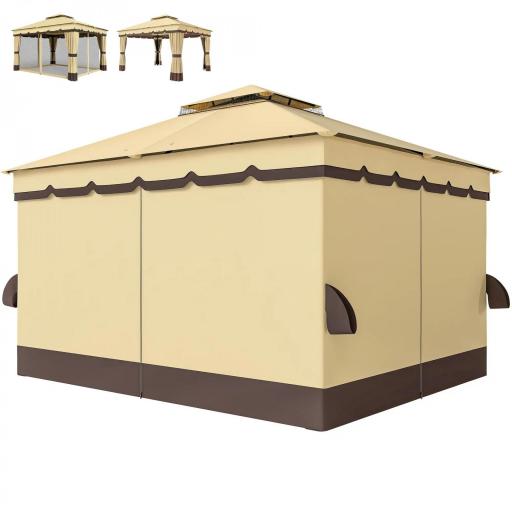 Cenador de Jardín 3,7x3 m con Doble Techo 4 Cortinas y Mosquitera Marco de Acero Orificios de Drenaje UV30+ Beige [8]