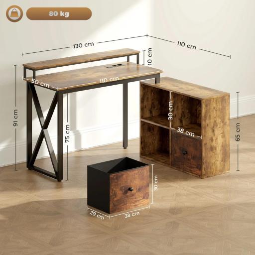 Escritorio Industrial con Luces LED y Estación de Carga con Patas Ajustables y Soporte en X 130x110x91 cm Madera Rústica [1]