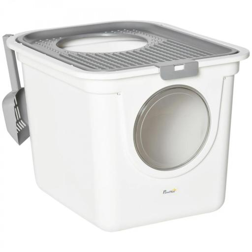 Arenero para Gatos Cubierto con Pala Inodoro para Gatos con 2 Puertas Principal y Superior 44x55x39 cm Blanco y Gris [8]