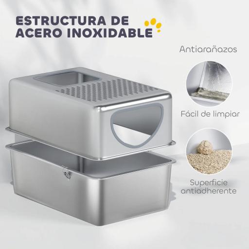 Arenero para Gatos de Acero Inoxidable XL Arenero con Pala Aberturas Dobles Fácil de limpiar Plata [2]