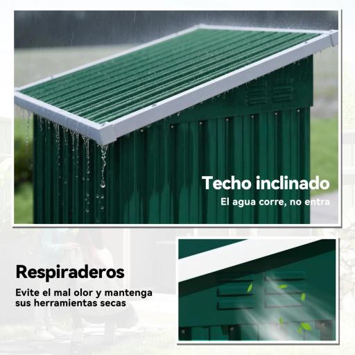 Caseta de Jardín Exterior Metálico 0,74 m² 107,5x91x185 cm con Techo Inclinado Puerta con Cerradura Ventilaciones Verde [3]