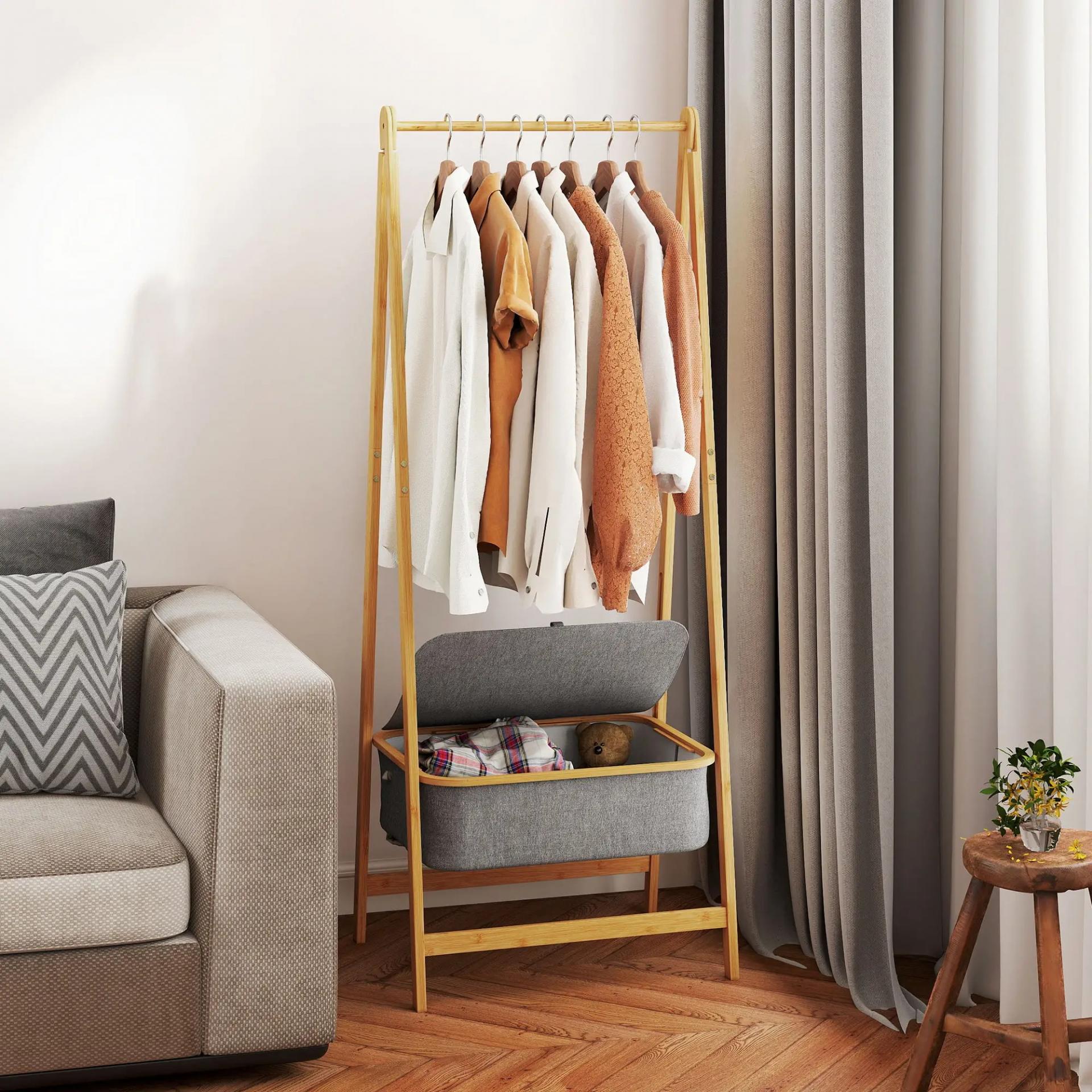 Burro para Ropa Plegable de Bambú con Cesta de Tela con Tapa para Recibidor Entrada Dormitorio 60x44,5x157,5 cm Gris