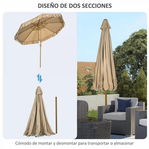 Sombrilla de Jardín Ø264x240 cm con Ángulo Ajustable Manivela y Toldo con Volantes Decorativos para Patio Terraza Caqui [4]
