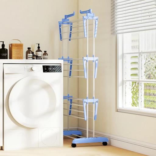 Tendedero Vertical Plegable con Ruedas Tendedero de Ropa de 3 Niveles con Alas Plegables 73x64x172 cm Azul y Blanco [2]