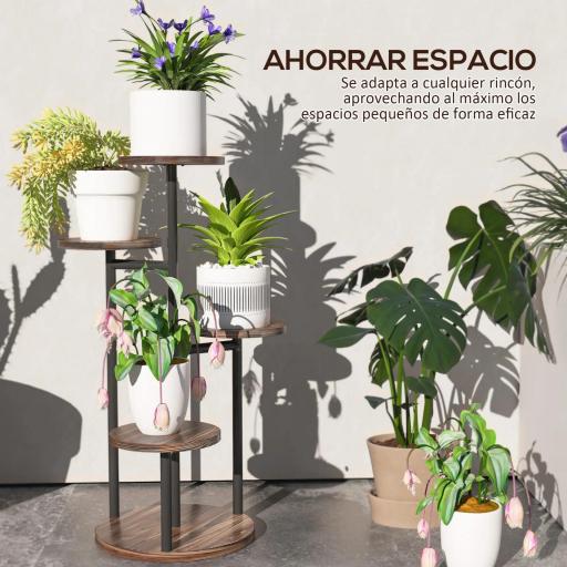 Soporte para Plantas de Madera y Acero de 5 Niveles con 5 Estantes Redondos Soporte para Macetas 43x43x70 cm Carbonizado [2]
