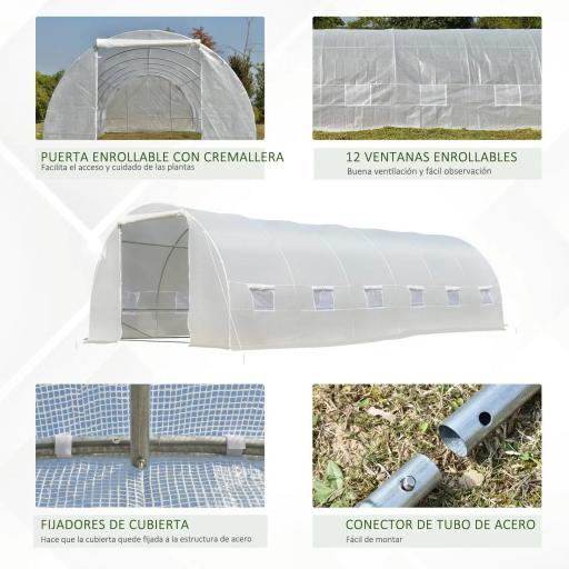 Invernadero de Exterior Invernadero de Túnel 8x3x2 m Invernadero de Jardín con 12 Ventanas y Puerta Enrollable para Cultivo Plantas Tomates Verduras Acero y PE 140 g/m² Blanco [4]