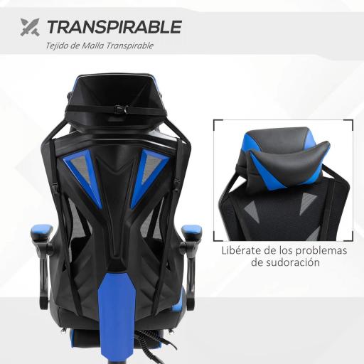 Silla Gaming Ergonómica Silla de Escritorio para Oficina con Altura Ajustable Respaldo Regulable de 170° Almohada Lumbar y Reposapiés Retráctil 65x70x117-125 cm Azul [2]