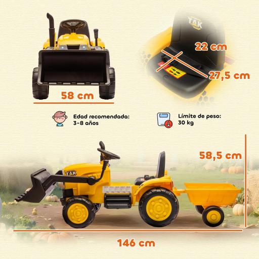 Tractor Eléctrico para Niños con Remolque Desmontable y Pala Batería 12V Motor Doble Control Remoto 2,4G Luces Música [4]