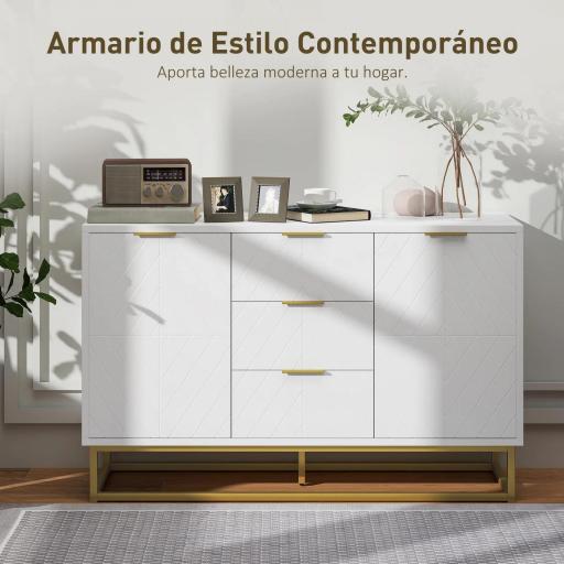 Aparador Moderno Aparador para Salón con 3 Cajones 2 Puertas y Estante Ajustable Mueble Auxiliar para Salón Cocina Antivuelco 120x40x76 cm Blanco [2]