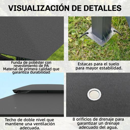 Cenador para Jardín 3x4 m Pabellón de Jardín Gazebo con Doble Techo 6 Paredes Laterales Estructura Metálica Gris [6]