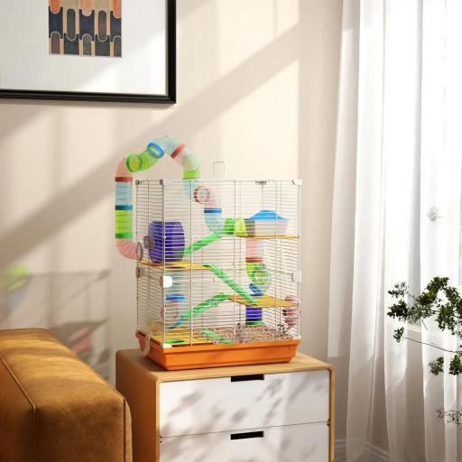 Jaula de Hámster con Túnel Plataformas Cuenco Bebedero Casita Rampas y Rueda de Ejercicio 46x30x58 cm Naranja