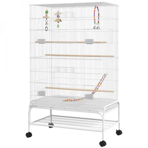 Jaula para Pájaros con Ruedas Bandeja Extraíble Puertas Comederos Perchas y Estante Inferior 79x49x133 cm Blanco [9]