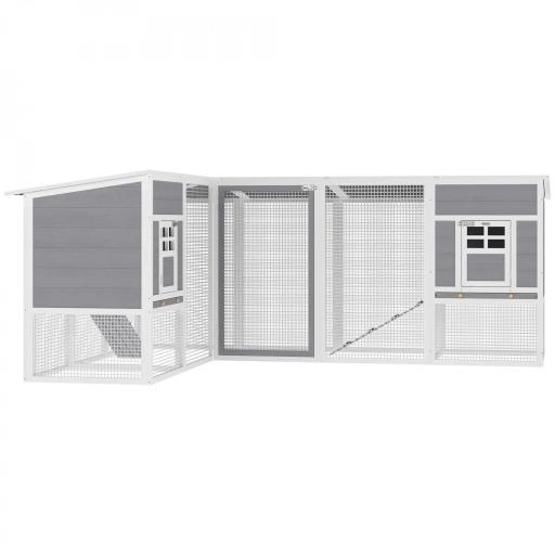 Gallinero de Madera Grande Exterior en L para Esquina con 2 Nidos Corral Bandejas Extraíbles 251x192x103 cm Gris [9]