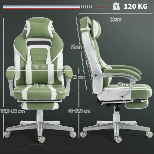 Silla Gamer Reclinable con Altura Ajustable Reposapiés Retráctil Soporte Lumbar y Reposacabezas Desmontable Verde [2]