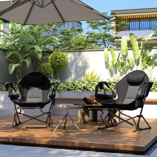 2 Mecedora Jardín Exterior con Reposapiés Reposacabezas Portavasos Bolsillos y Bolsa de Transporte Carga 120 kg Negro [1]