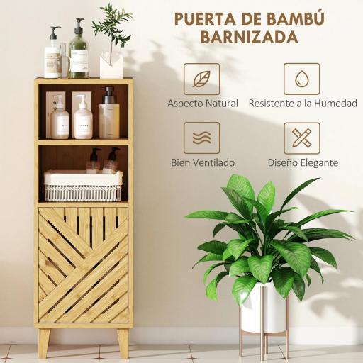 Armario de Baño Estrecho Mueble Auxiliar de Baño con 2 Estantes Abiertos Puerta y Patas de Bambú 32x30x90 cm Natural [3]