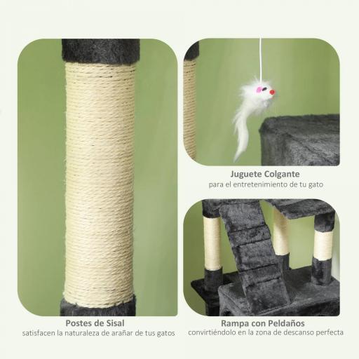 Árbol Rascador para Gatos Grande 49x49x173 cm con Múltiples Niveles con Cuevas Escaleras Juguetes Colgantes Camas Centro Actividades Sisal Gris [4]