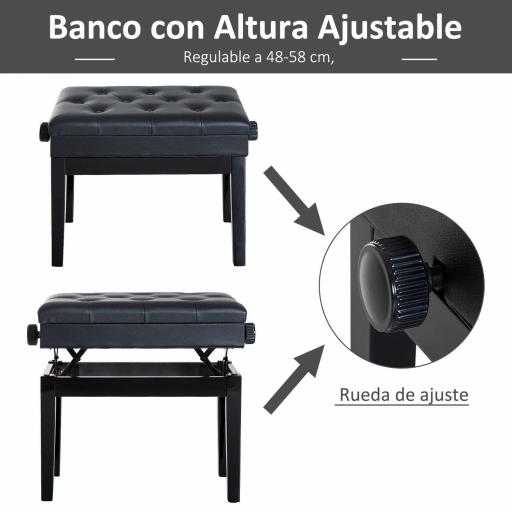 Banqueta para Piano Banco para Piano con Ajustable en Altura de 48 a 58 cm Espacio de Almacenamiento Patas de Madera Taburete para Teclado Acolchado 54,5x33x48-58 cm Negro [4]