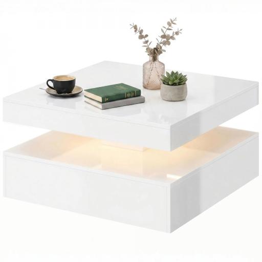 Mesa de Centro con LED RGB de Alto Brillo con Almacenamiento Abierto y Mando a Distancia 78x78x40 cm Blanco Brillante [9]
