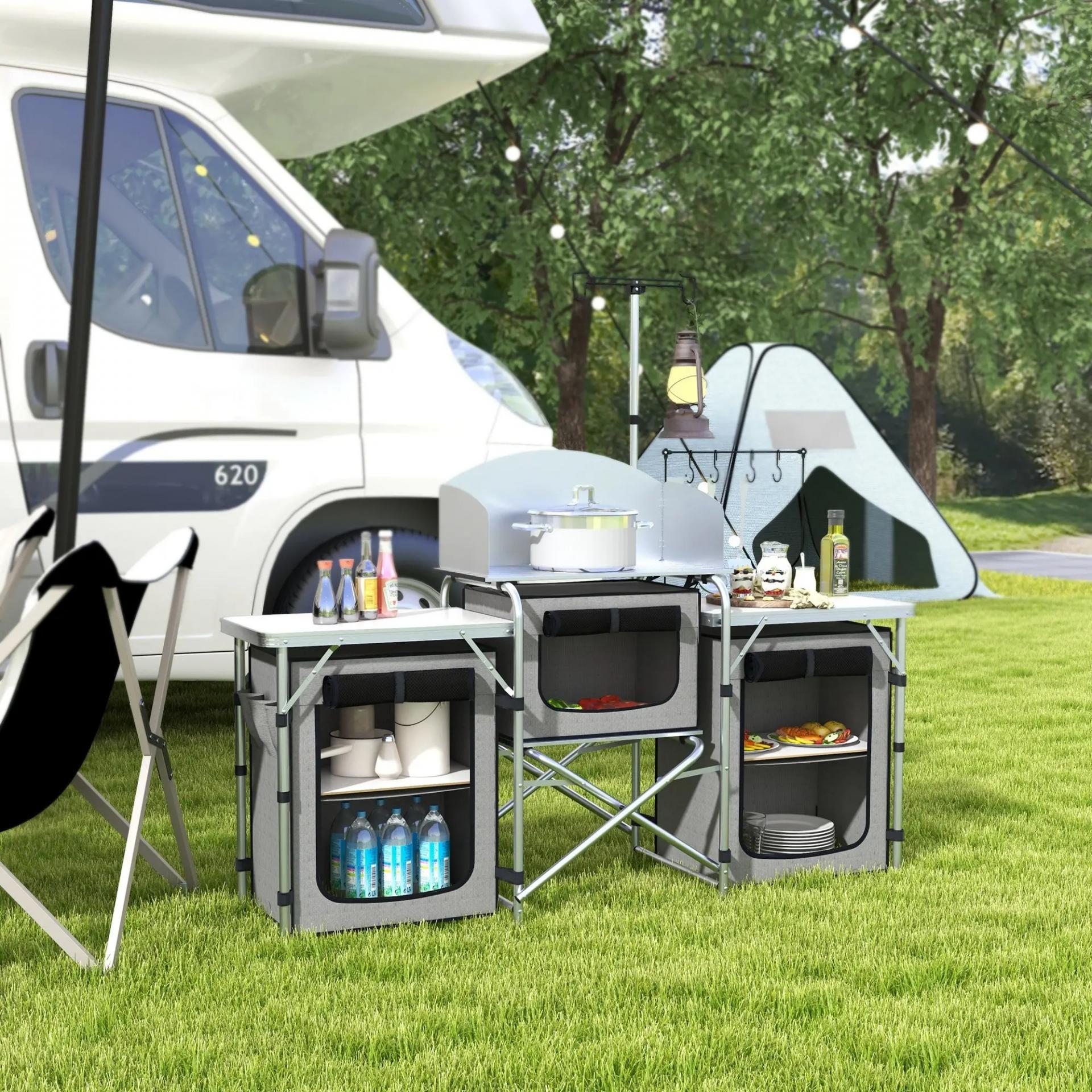 Mueble de Cocina para Camping Plegable con 3 Mesas 4 Ganchos Poste de Luz y Bolsa de Transporte 172x48x130 cm Gris