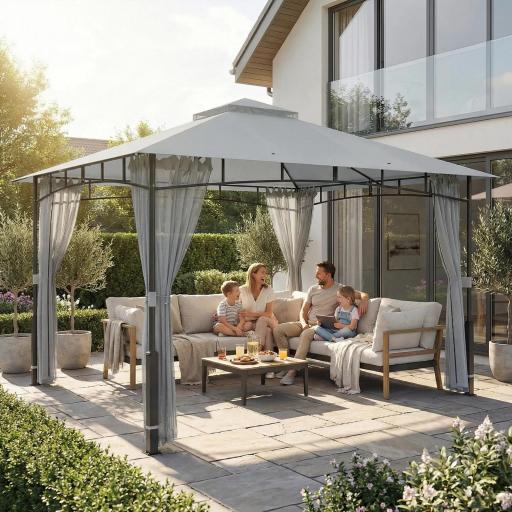 Carpa para Jardín con Techo Doble Cenador con Paredes de Malla UPF50+ para Exterior Terraza 360x300x275 cm Gris [2]