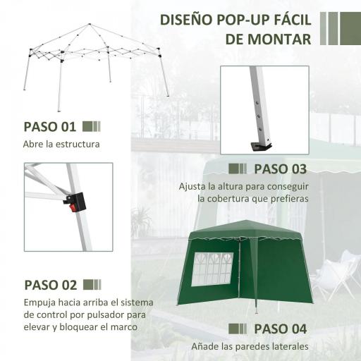 Carpa Plegable con 2 Paredes Laterales 2,89x2,89m Cenador Pabellón de Jardín con Altura Ajustable Protección UV50+ Verde [5]