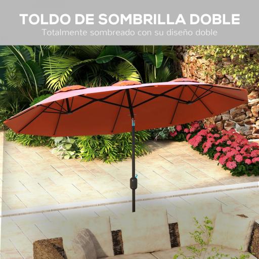 Sombrilla Doble de Jardín 295x152x222 cm con Inclinación de 45° y Manivela Manual para Terraza Balcón Piscina Rojo [3]