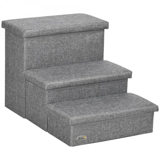Escalera para Mascotas de 3 Peldaños Escalones para Perros Gatos con Espacio de Almacenamiento 63,5x42,5x40,5 cm Gris [8]