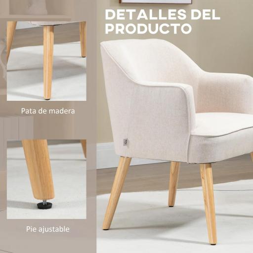 Butaca de Salón Moderna Sillón Tapizado en Lino Sintético Patas de Madera para Dormitorio Oficina 64,5x65x79,5 cm Crema [4]