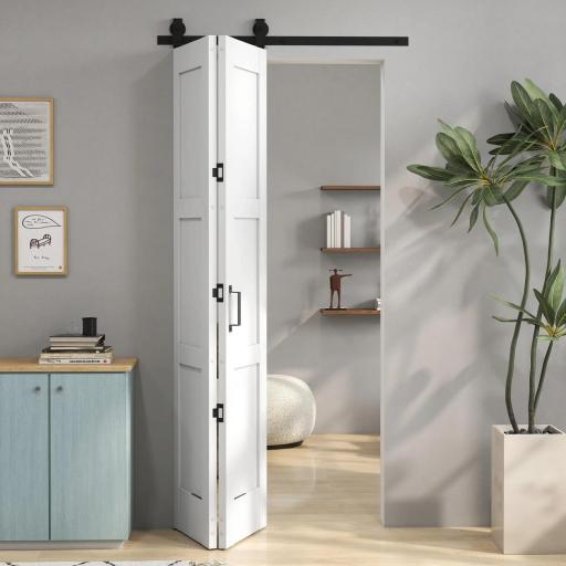 Puerta Corredera Plegable con Herrajes 91,4x213,4 cm con Rodillo Riel de Acero Guía de Suelo Manija Blanco [8]