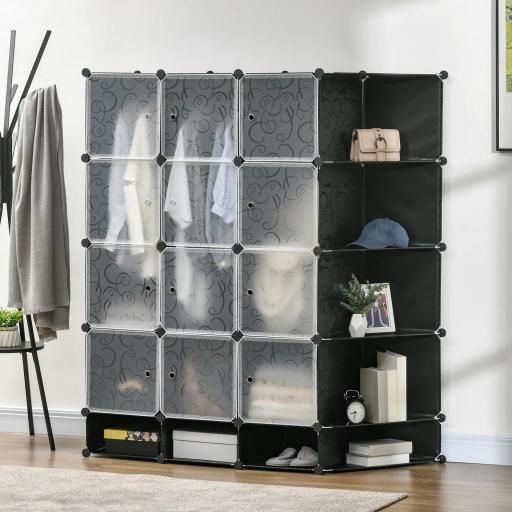 Armario Modular Organizador Portátil con 16 Compartimentos y 2 Barras de Colgar Ropa Negro y Blanco