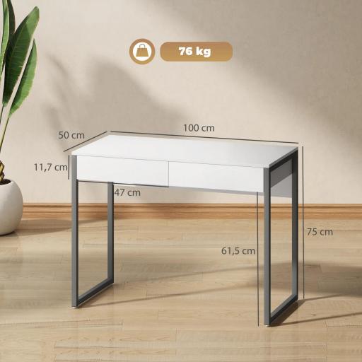 Escritorio con 2 Cajones 100x50x75 cm Mesa de Ordenador Patas de Acero para Casa Espacios Pequeños Blanco Brillante [1]
