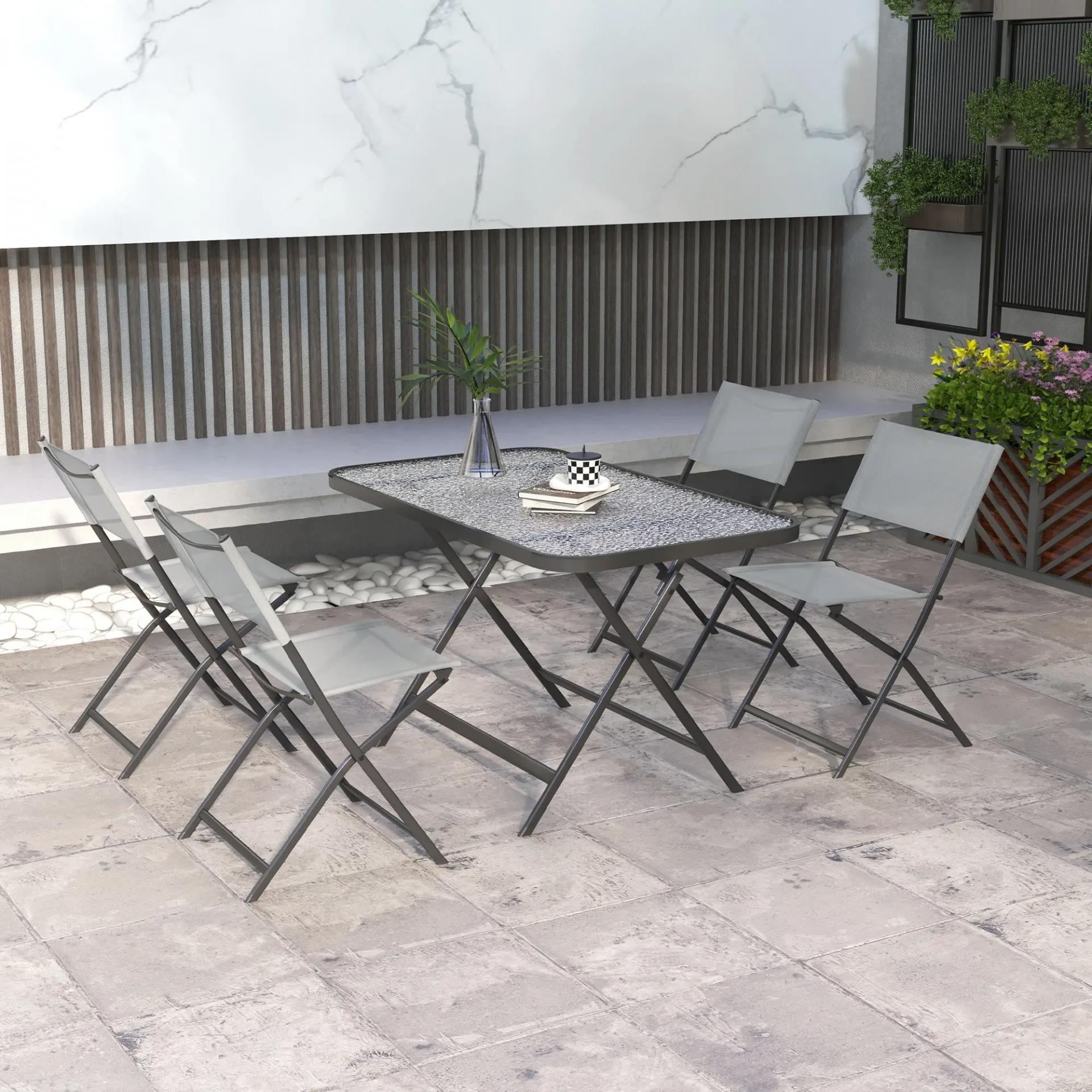 Conjunto de Mesa y 4 Sillas de Jardín Plegable con Mesa de Vidrio Templado Estilo Moderno para Terraza Patio Gris