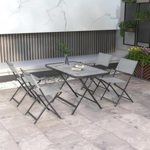 Conjunto de Mesa y 4 Sillas de Jardín Plegable con Mesa de Vidrio Templado Estilo Moderno para Terraza Patio Gris