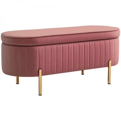 Banco para Pie de Cama con Almacenaje Tapizado en Terciopelo Patas Doradas y Diseño Elegante Ovalado 108x44x43,5cm Rosa [9]