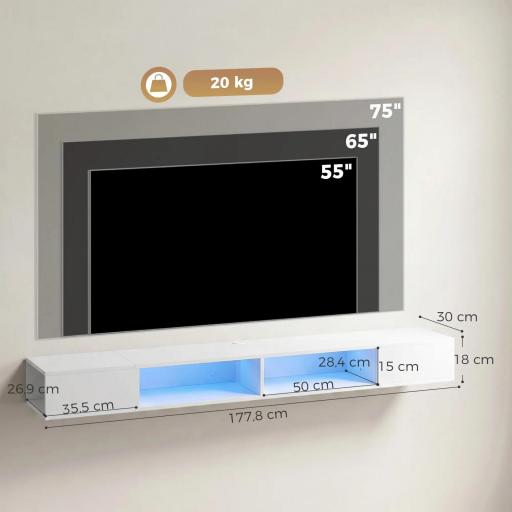 Mueble de TV Suspendido con Luces LED con Estantes Abiertos para Televisión 75 Pulgadas 177,8x30x18 cm Blanco [3]